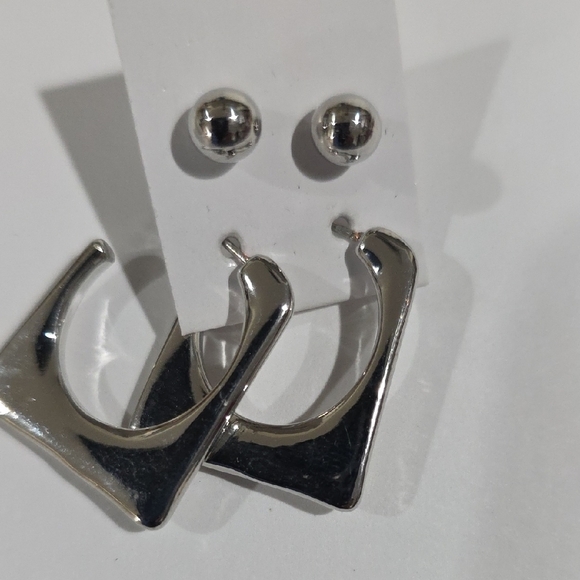 Silver Geometric Hoop & Stud Earrings Set – Modern Minimalist Fashion Jewelry - Picture 6 of 11